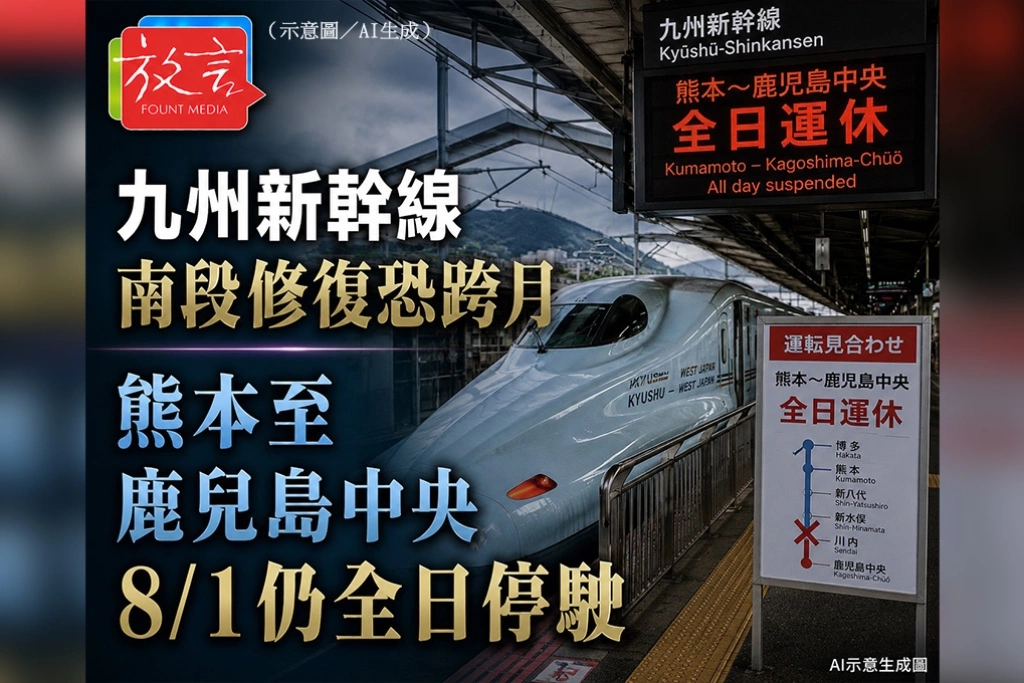 九州新幹線南段修復恐跨月　熊本至鹿兒島中央8/1仍全日停駛