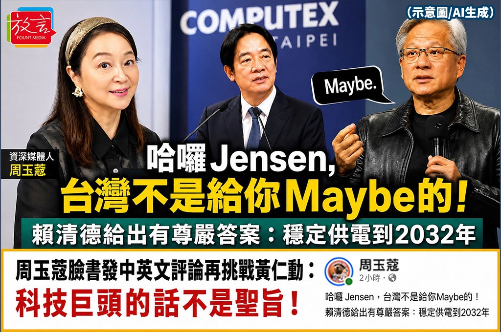 「哈囉Jensen,台灣不是給你Maybe的!」周玉蔻臉書發中英文評論再挑戰黃仁勳:科技巨頭的話不是聖旨!
