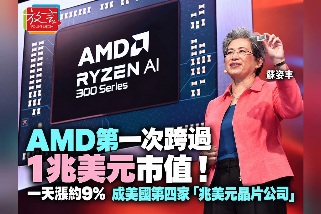AMD第一次跨過1兆美元市值!一天漲約9% 成美國第四家「兆美元晶片公司」
