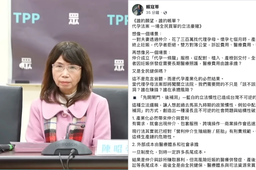 代孕法案「先開閘門、後補洞」外部成本恐由社會承擔!賴寇蒂問小草:醫療體系補洞全民付帳有 CP 值嗎?