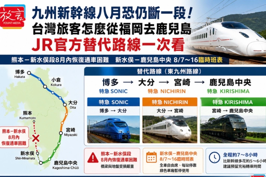 九州新幹線八月恐仍斷一段！台灣旅客怎麼從福岡去鹿兒島　JR官方替代路線一次看