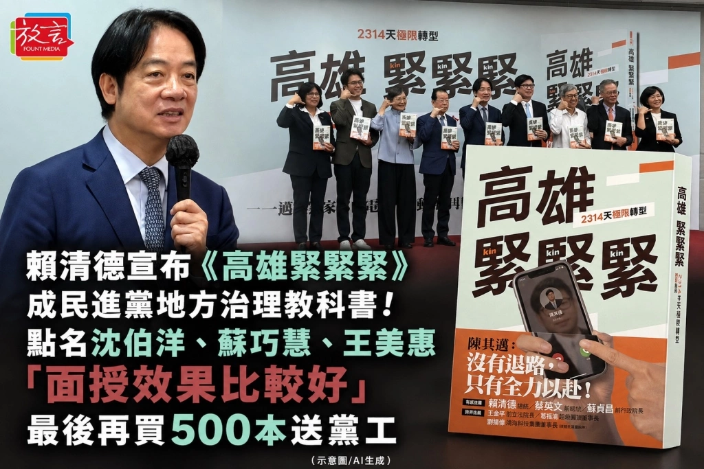 賴清德宣布《高雄緊緊緊》成民進黨地方治理教科書!點名沈伯洋、蘇巧慧、王美惠「面授效果比較好」 最後再買500本送黨工