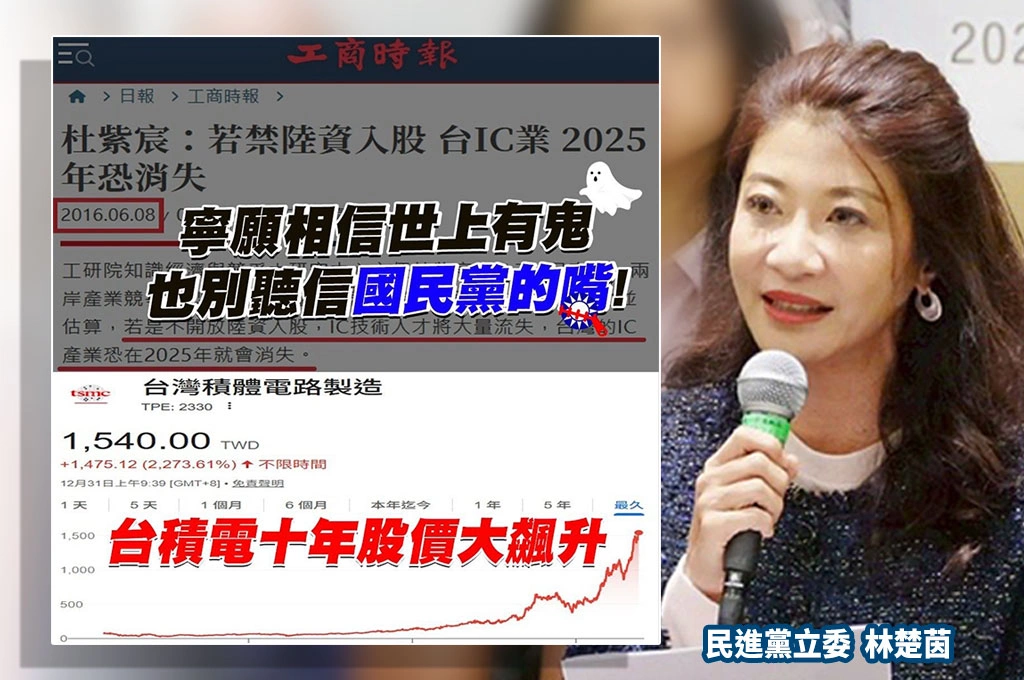 禁中資「台灣IC恐2025消失」?!林楚茵諷國民黨「地獄級反指標」:唱衰台積電10年、股價狂飆10倍!