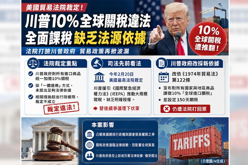 川普10％全球關稅遭法院推翻！美國貿易法院認定違法　全面課稅「缺乏法源」
