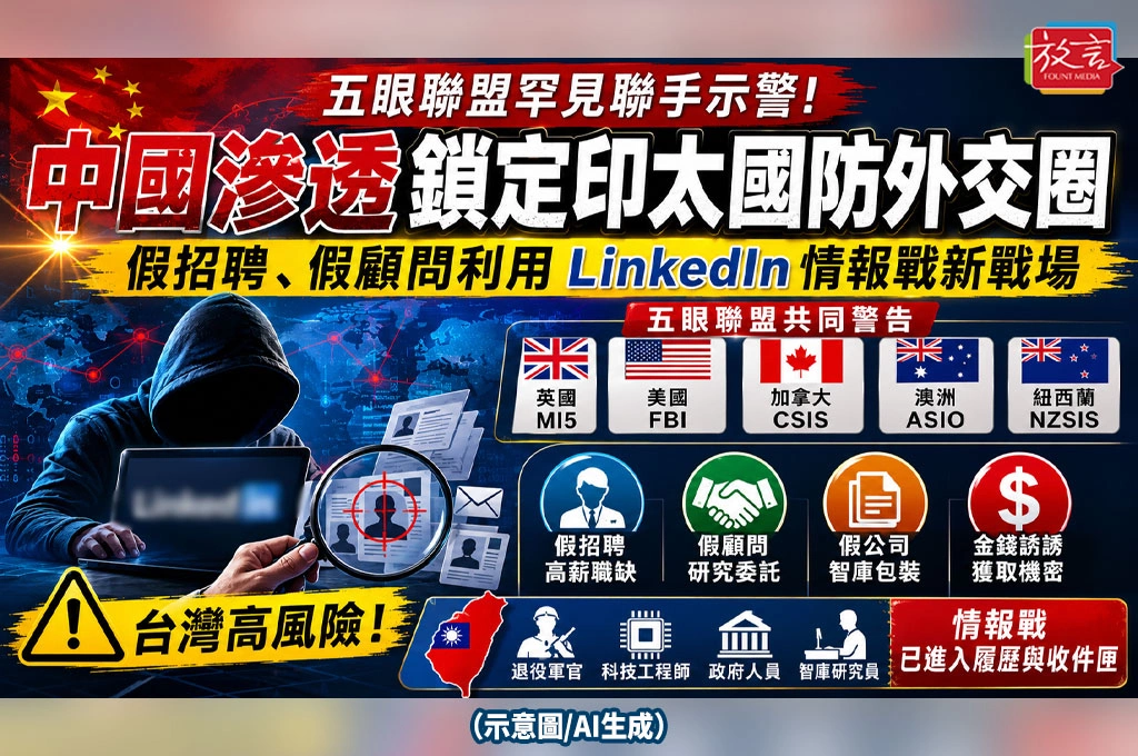 五眼聯盟罕見聯手示警中國滲透！假招聘、假顧問鎖定印太國防外交圈　LinkedIn成情報戰新戰場