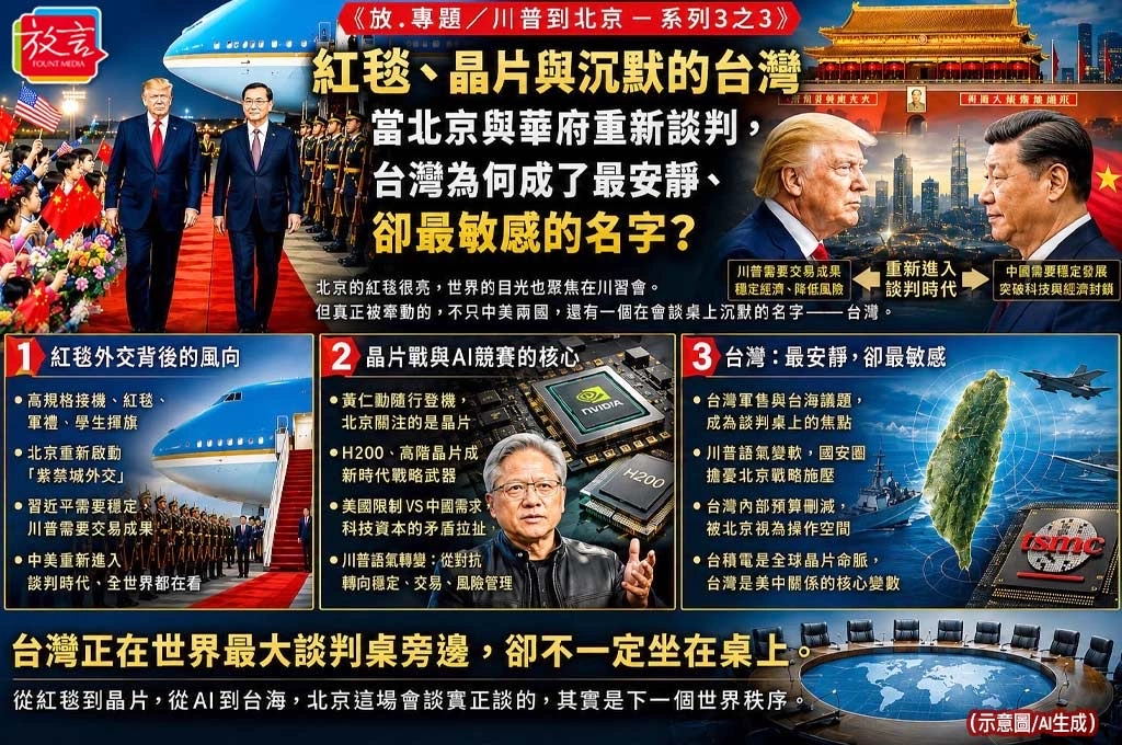 《放. 專題／川普到北京－系列3之3》紅毯、晶片與沉默的台灣　當北京與華府重新談判，台灣為何成了最安靜、卻最敏感的名字？
