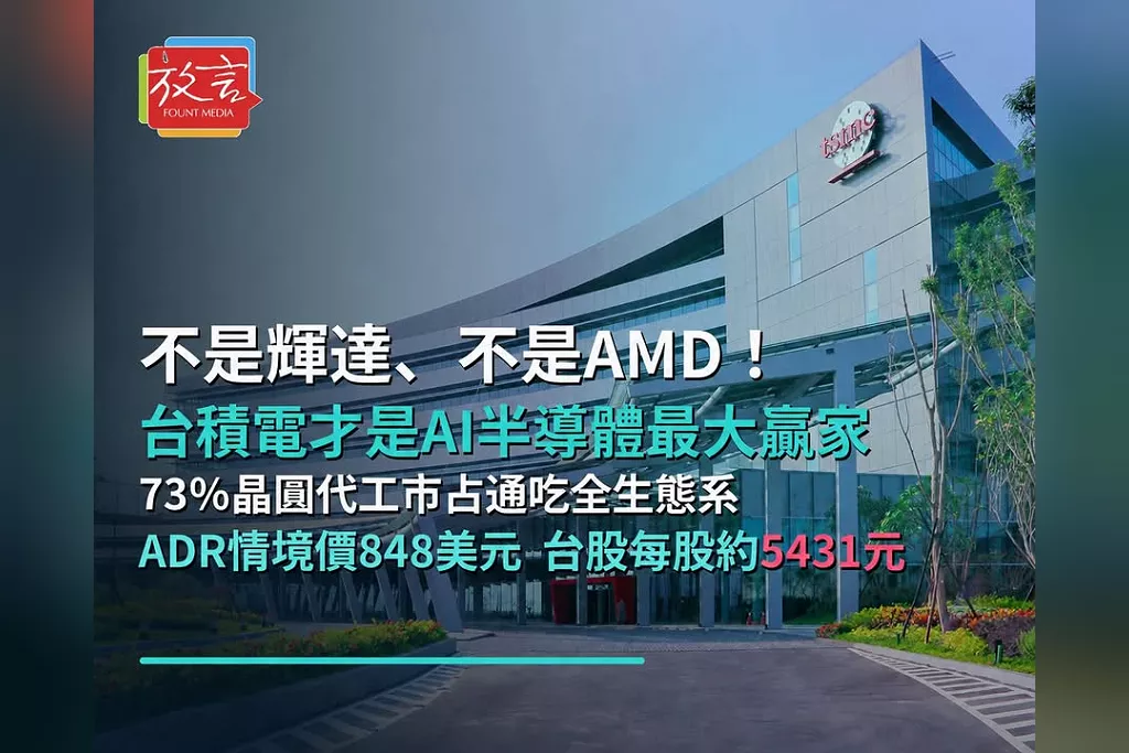 不是輝達、不是AMD！美投資媒體點名台積電才是AI半導體最大贏家　73％晶圓代工市占通吃全生態系、ADR情境價848美元　換算台股每股約5431元