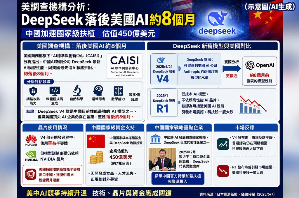 美調查機構分析:DeepSeek落後美國AI約8個月 中國加速國家級扶植