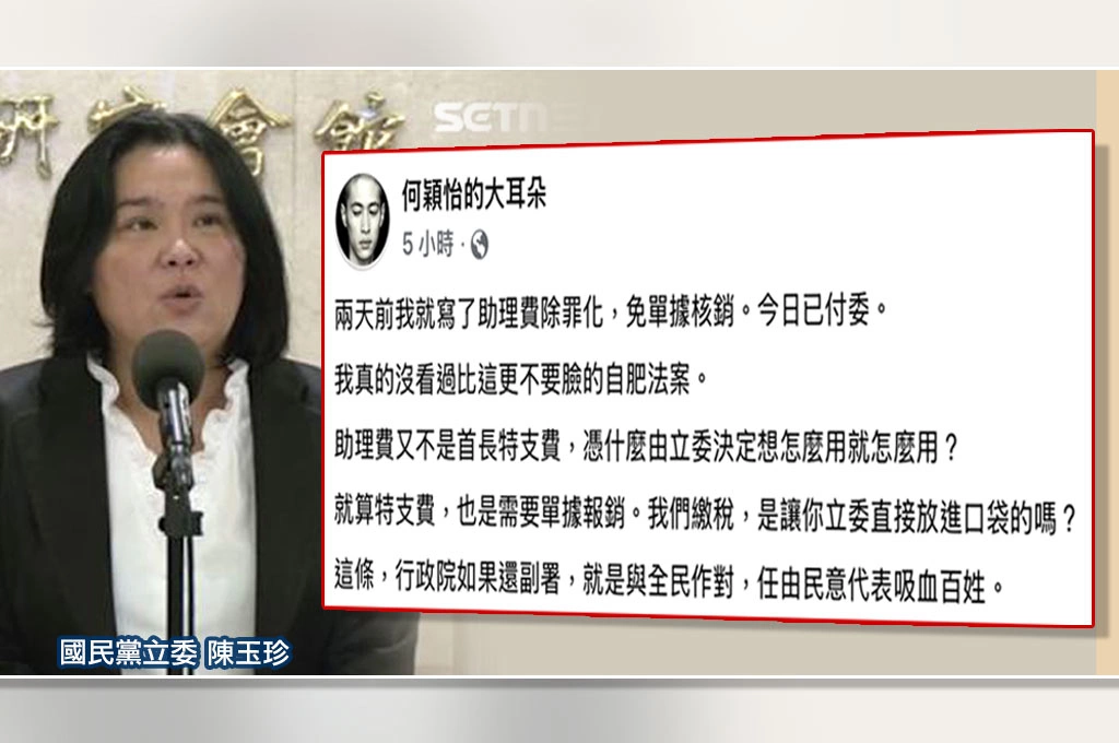 陳玉珍提「助理費除罪化」...何穎怡批「不要臉的自肥法案」:繳稅是讓你立委直接放進口袋?...直言政院若副署「就是與全民作對」:任由民代吸血百姓