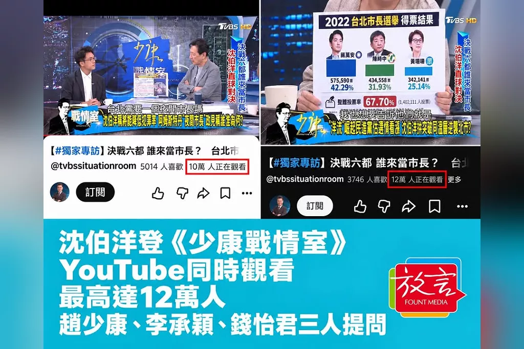 沈伯洋登《少康戰情室》！YouTube同時觀看最高達12萬人　趙少康、李承穎、錢怡君三人提問