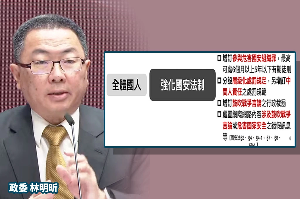 全體國人都要注意！政院拍板「國安法」修法...在實體、網路鼓吹戰爭「最高開罰100萬」林明昕：但不是私下聊天就犯罪