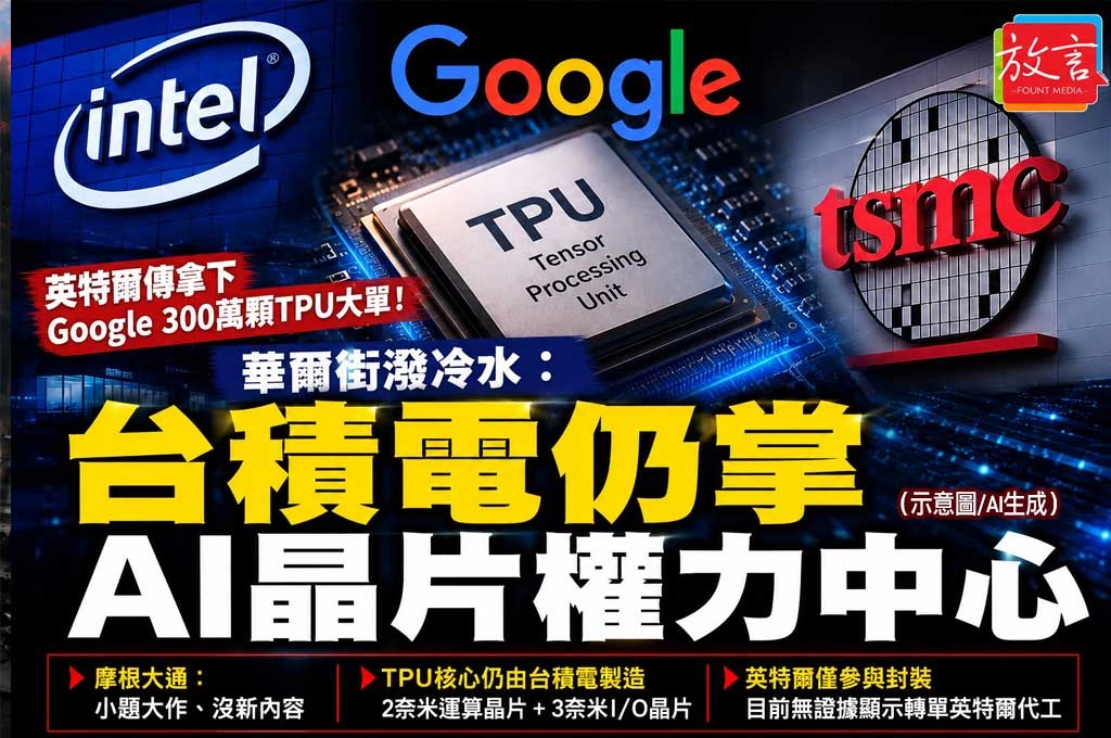 英特爾傳拿下Google 300萬顆TPU大單！華爾街潑冷水：台積電仍掌AI晶片權力中心