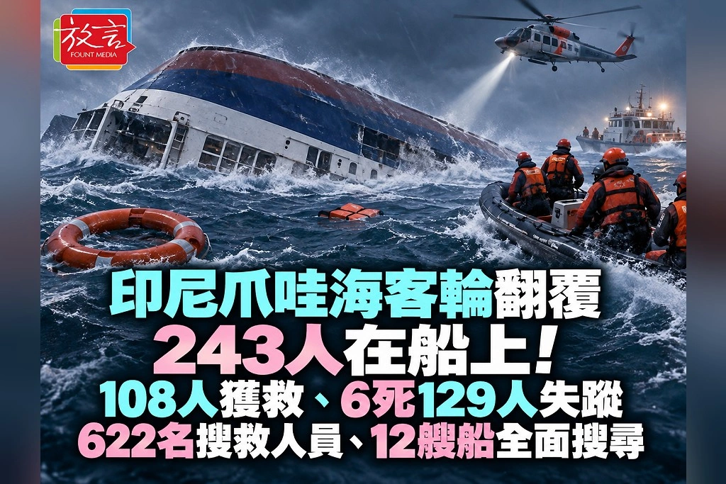  印尼爪哇海客輪翻覆243人在船上！108人獲救、6死129人失蹤　622名搜救人員、12艘船全面搜尋