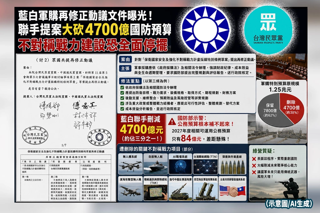 藍白軍購再修正動議文件曝光！民眾黨、國民黨聯手提案　軍購刪減爭議持續延燒