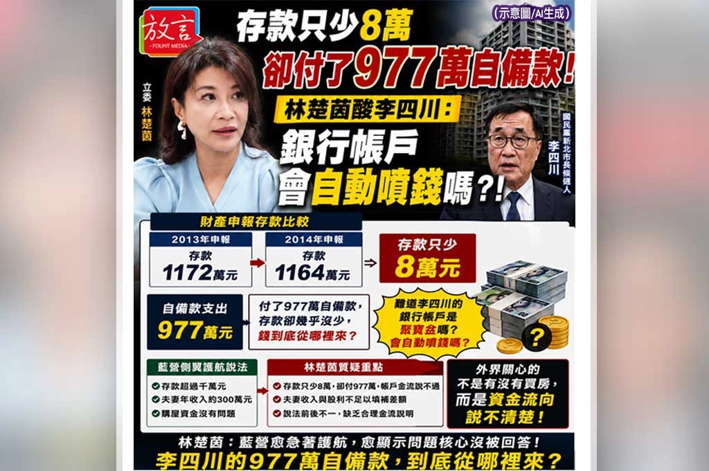存款只少8萬卻付了977萬自備款！林楚茵酸李四川：銀行帳戶會自動噴錢嗎？還是有聚寶盆？