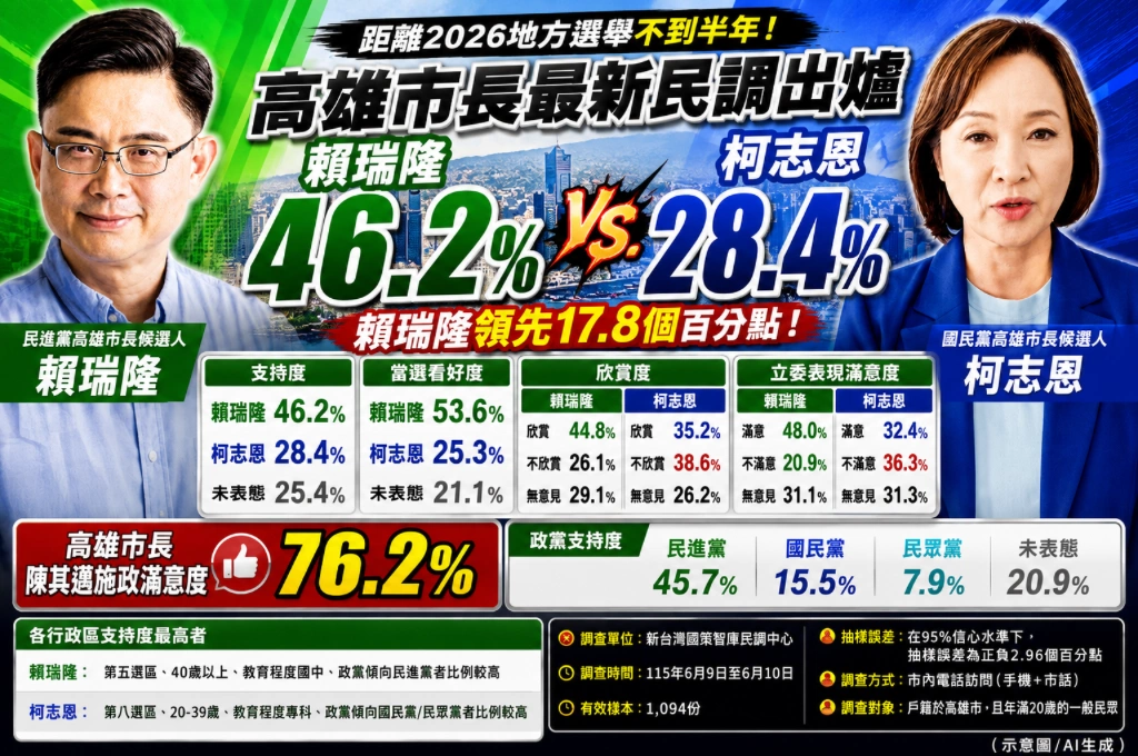 賴瑞隆贏柯志恩19%！高雄市長最新民調出爐 支持度46.2%輾壓柯志恩、看好度也破五成