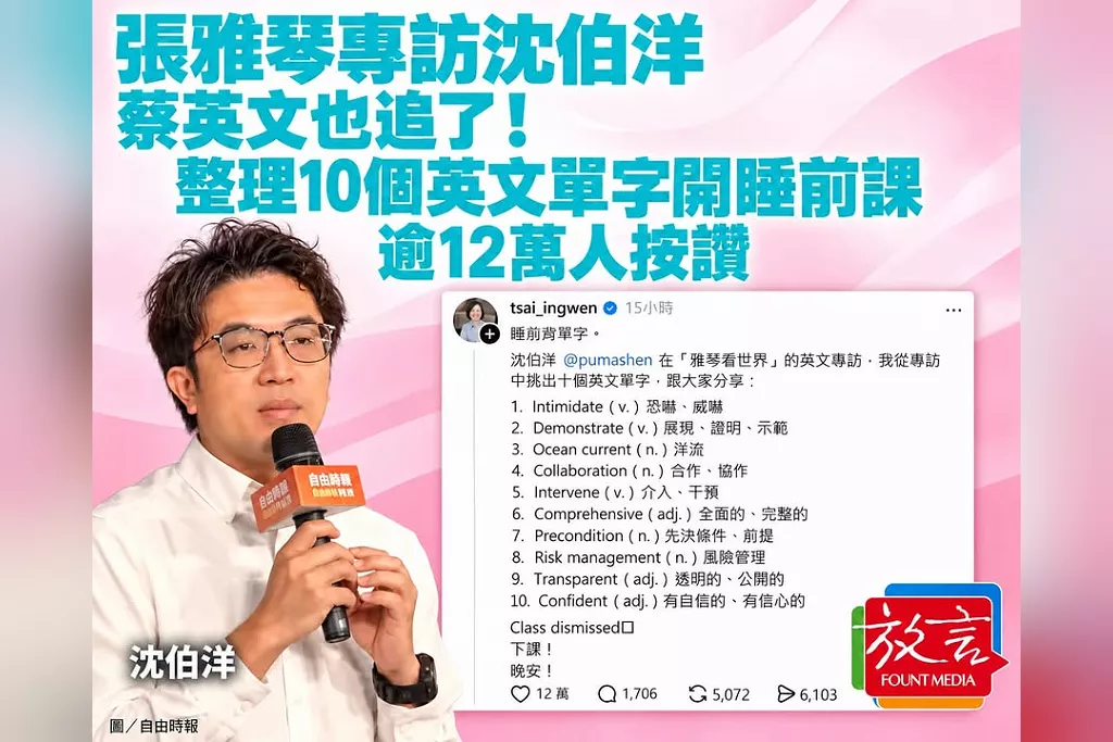 張雅琴專訪沈伯洋　蔡英文也追了！整理10個英文單字開睡前課，逾12萬人按讚
