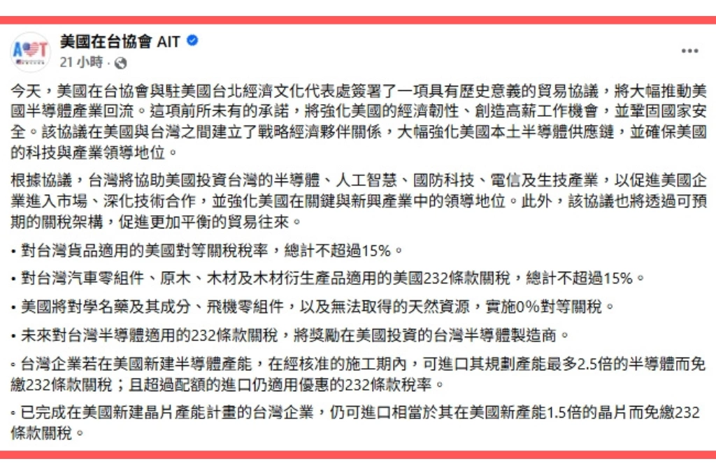 台美關稅協議建立戰略經濟夥伴關係！AIT發文讚「具歷史意義」：促進更加平衡的貿易往來