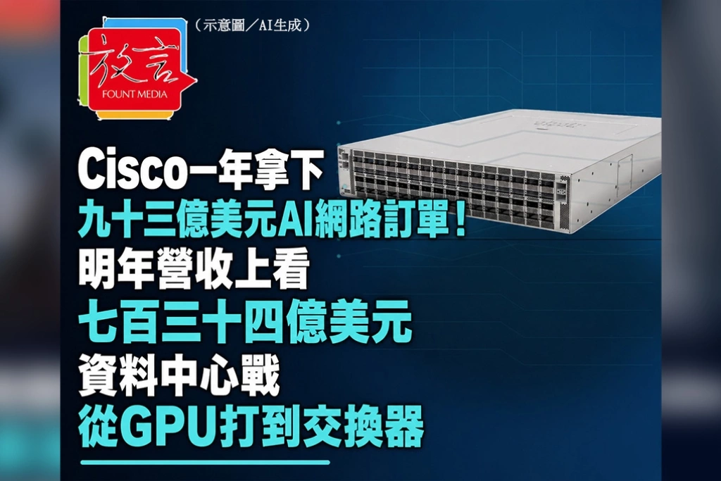 Cisco一年拿下93億美元AI網路訂單！明年營收上看734億美元　資料中心戰從GPU打到交換器
