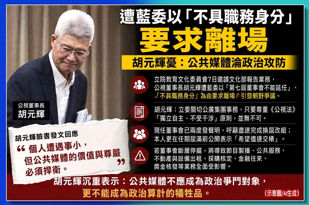 遭藍委以「不具職務身分」要求離場　公視董事長胡元輝：公共媒體淪政治攻防「深感憂慮」
