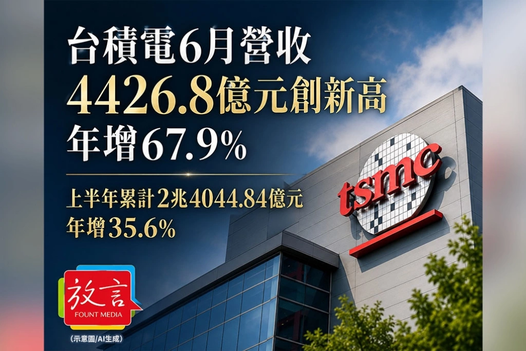 台積電6月營收4426.8億元創新高、年增67.9%　上半年累計2兆4044.84億元、年增35.6%