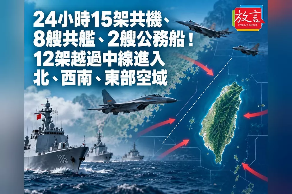 24小時15架共機、8艘共艦、2艘公務船！12架越過中線進入北、西南、東部空域