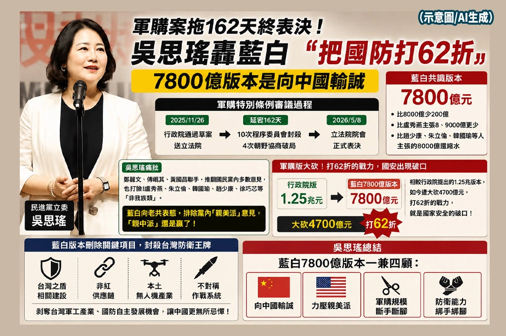 軍購案拖162天終表決！吳思瑤轟藍白「把國防打62折」：7800億版本是向中國輸誠