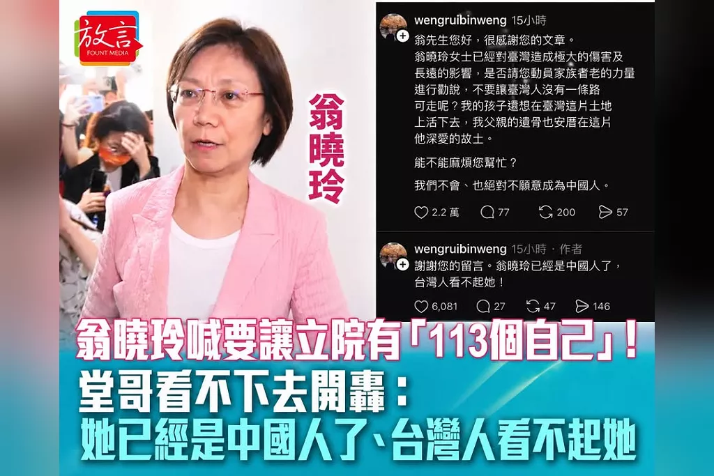 翁曉玲喊要讓立院有「113個自己」！堂哥看不下去開轟：她已經是中國人了、台灣人看不起她