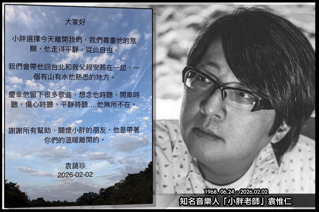 「小胖老師」袁惟仁病逝...享年57歲...陳子鴻、張宇轉發家屬訊息紛紛哀悼