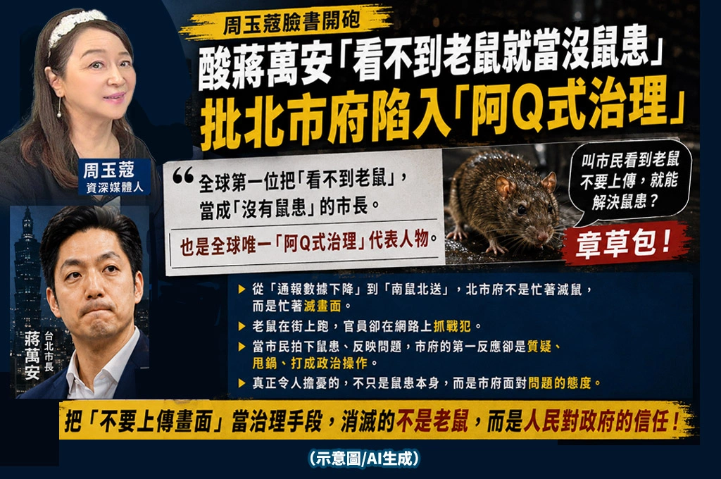 周玉蔻酸蔣萬安「看不到老鼠就當沒鼠患」　批北市府陷入「阿Q式治理」