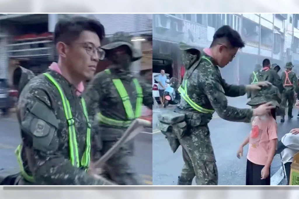 國軍贈災區小女孩「自費購買」的迷彩帽、畫面超溫馨！本人透露原因：她每天站路口「擊掌說謝謝」