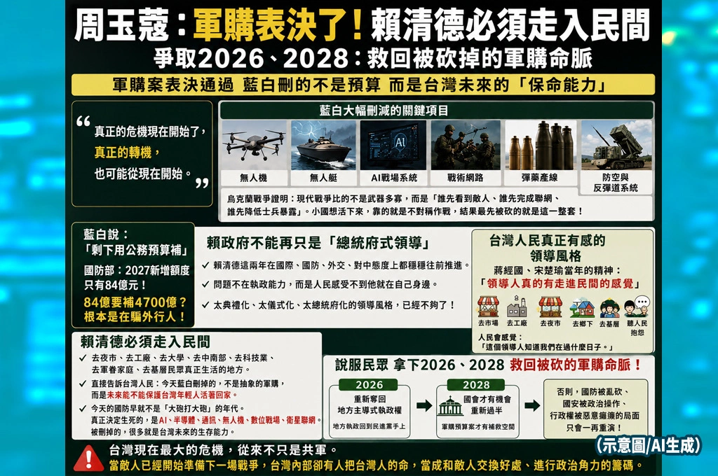 周玉蔻談軍購案後續　籲賴清德走入民間爭取2026、2028：救回被砍掉的軍購命脈