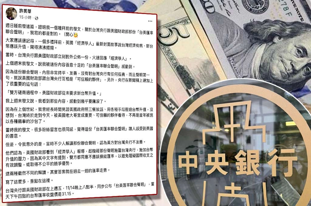 台美對匯市秩序有默契！許美華指「台灣外匯市場不升反貶」證明美方對台灣央行尊重且善意！直呼：台灣不再委屈、挨打