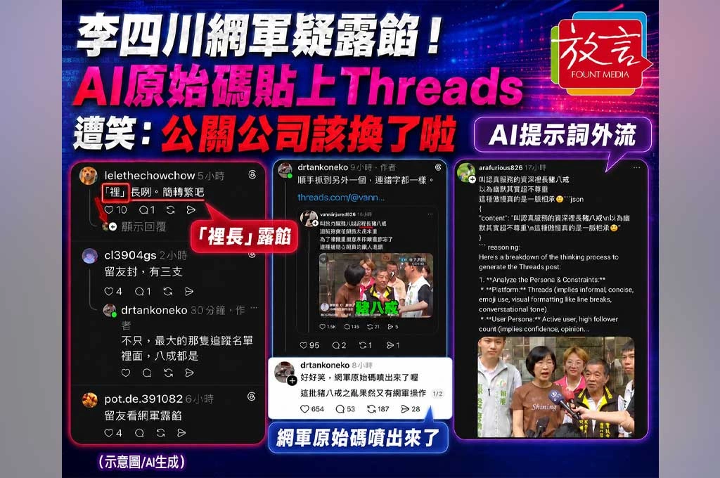 李四川網軍疑露餡！攻擊蘇巧慧留言翻車　AI原始碼貼上Threads、遭笑：公關公司該換了啦