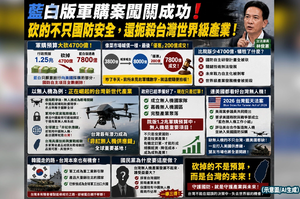 林俊憲轟藍白砍4700億軍購預算：不只傷國防　還在扼殺台灣世界級無人機產業