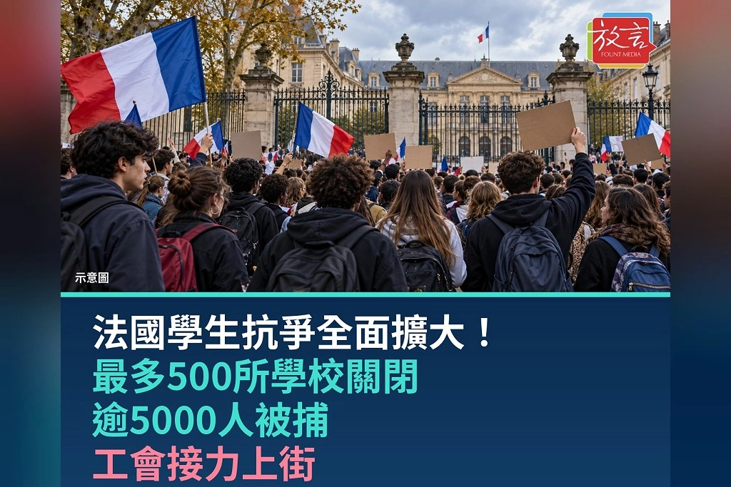 法國學生抗爭全面擴大！最多500所學校關閉、逾5000人被捕　工會接力上街