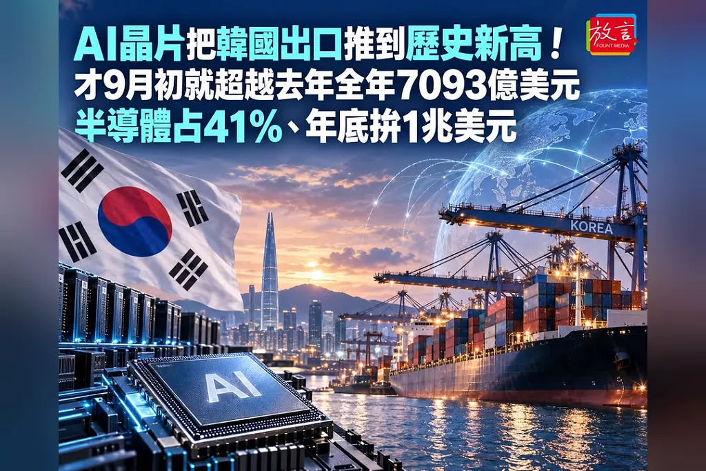AI晶片把韓國出口推到歷史新高！才9月初就超越去年全年7093億美元　半導體占41％、年底拚1兆美元