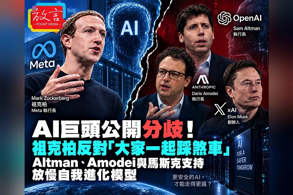AI巨頭公開分裂！祖克柏反對「大家一起踩煞車」　Altman、Amodei與馬斯克支持放慢自我進化模型