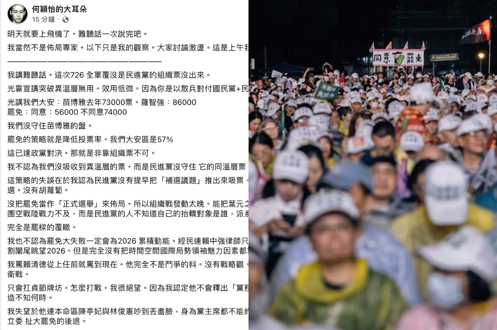 何穎怡指大罷免失敗「重蹈罷樑覆轍」民進黨未守住同溫層票：非罷團空戰陸戰不利、是綠組織未出