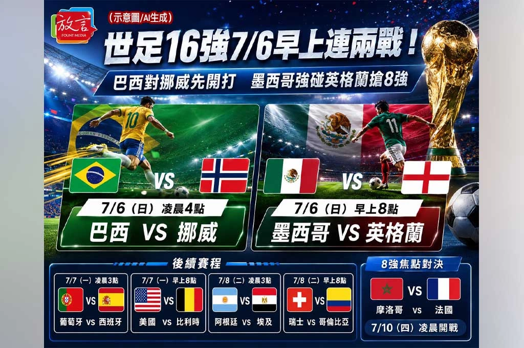 世足16強7/6早上連兩戰！巴西對挪威先開打　墨西哥強碰英格蘭搶8強