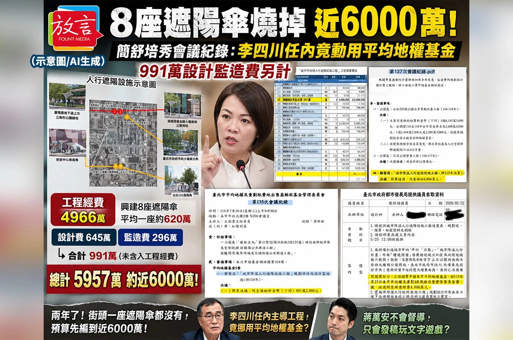8座遮陽傘燒掉近6000萬！簡舒培秀會議紀錄：李四川任內竟動用平均地權基金　991萬設計監造費另計