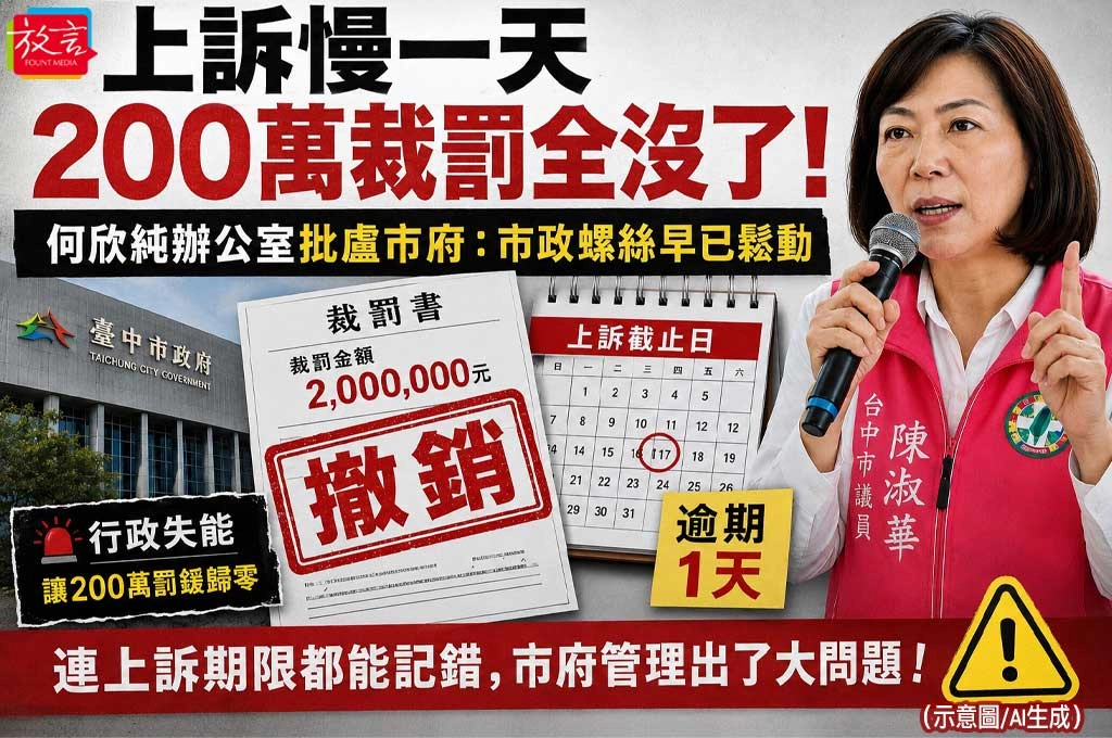 上訴慢一天、200萬裁罰全沒了！何欣純辦公室批盧市府：市政螺絲早已鬆動