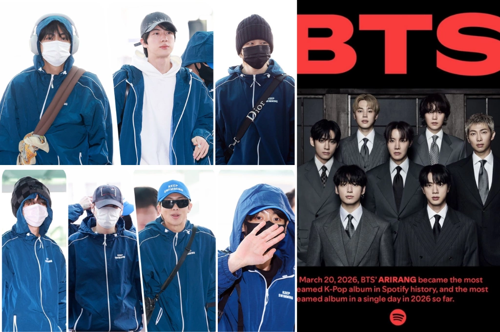 BTS回歸秀唱完直飛紐約！七人合體啟程赴美 《ARIRANG》橫掃Spotify前14名、團服「KEEP SWIMMING」呼應〈SWIM〉、睽違4年美國首演