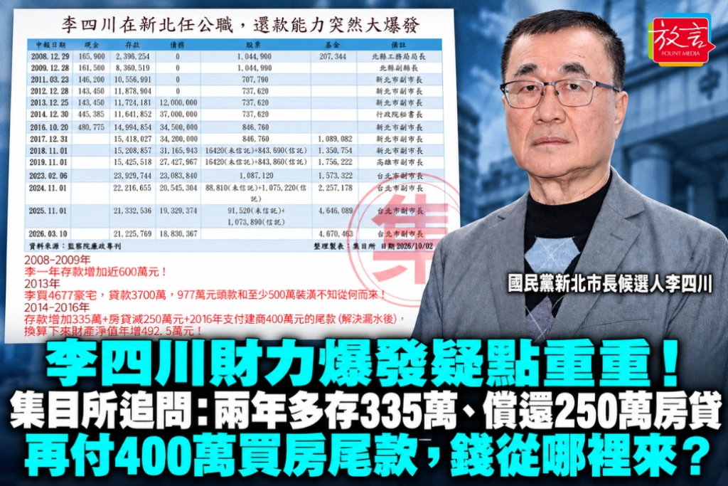 李四川財力爆發疑點重重！集目所追問：兩年多存335萬、償還250萬房貸、再付400萬買房尾款，錢從哪裡來？