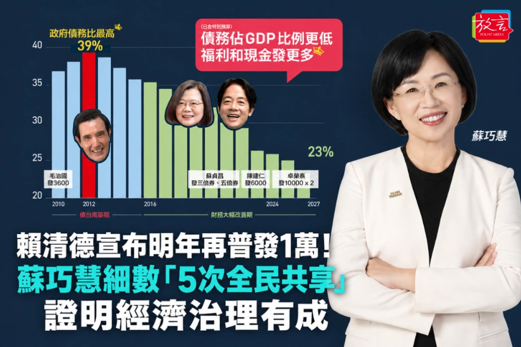 賴清德宣布明年再普發1萬！蘇巧慧細數「5次全民共享」：證明經濟治理有成