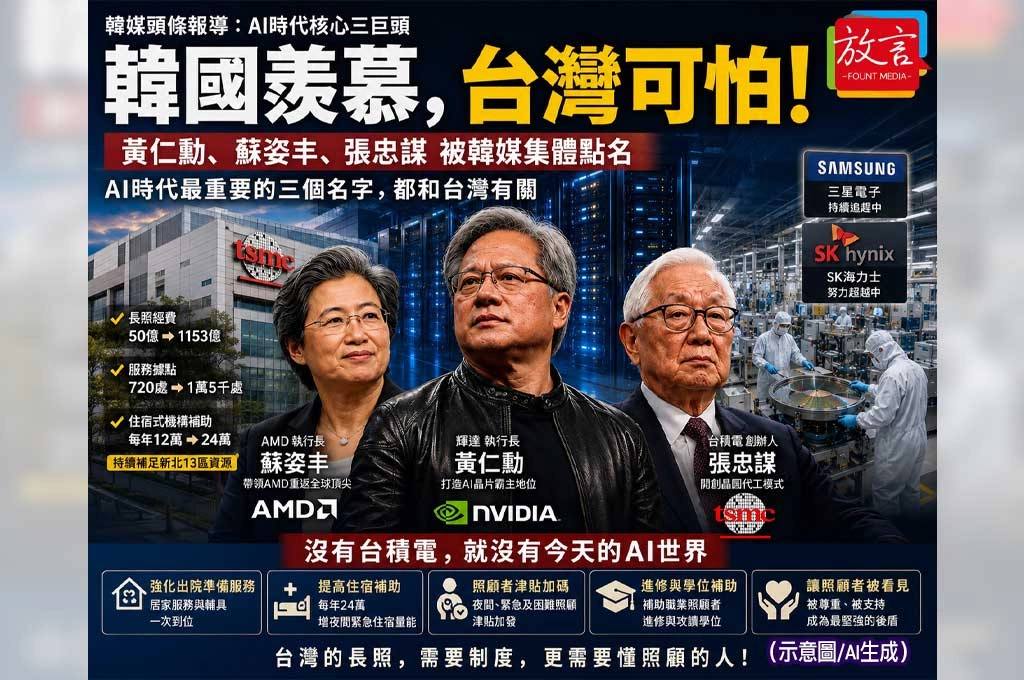 韓媒又羨慕又嫉妒！AI時代最重要三個名字都和台灣有關　黃仁勳、蘇姿丰、張忠謀被集體點名