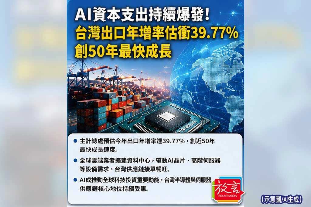 《放. 新聞／台灣要聞／經濟日報》AI資本支出持續爆發！台灣出口年增率估衝39.77％　創50年最快成長