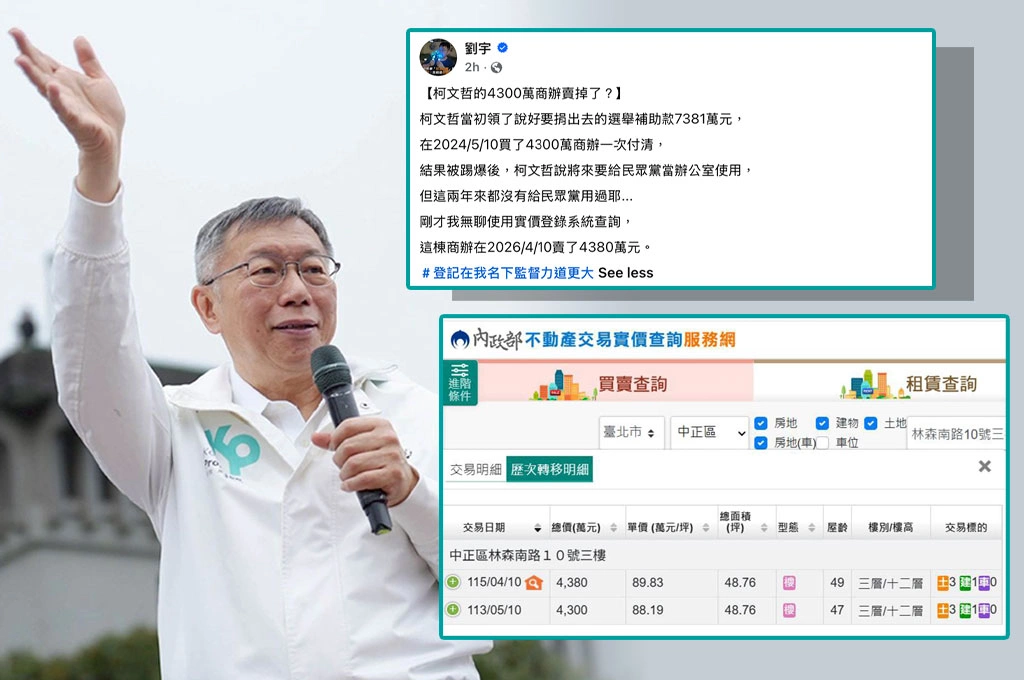 柯文哲4300萬商辦已轉手？四叉貓曝實價登錄：民眾黨兩年未使用