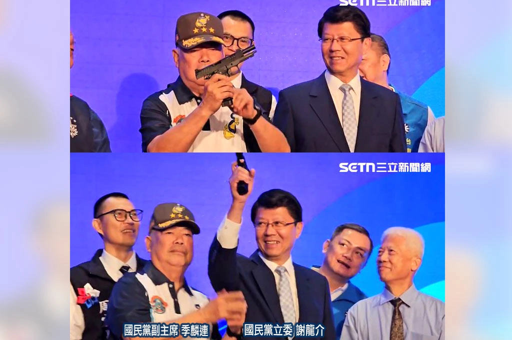 季麟連台上「獻手槍」替謝龍介造勢…不僅「當場組裝」還轉頭邀請：開一槍！