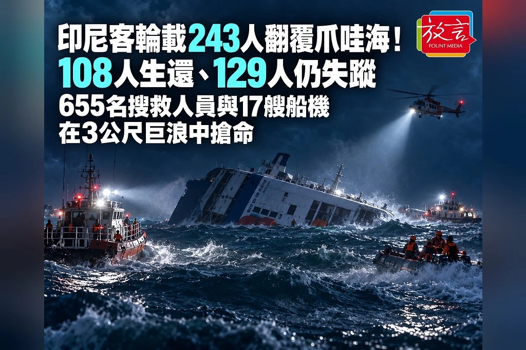 印尼客輪載243人翻覆爪哇海！108人生還、129人仍失蹤　655名搜救人員與17艘船機在3公尺巨浪中搶命